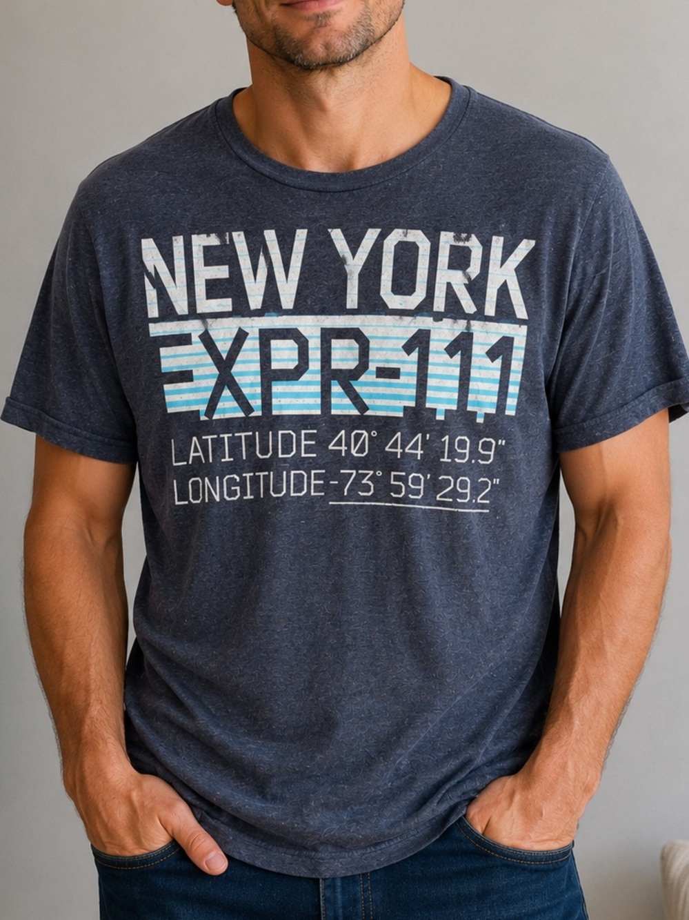 Express Men's Dark Charcoal New York Graphic Tee with Blue Accents